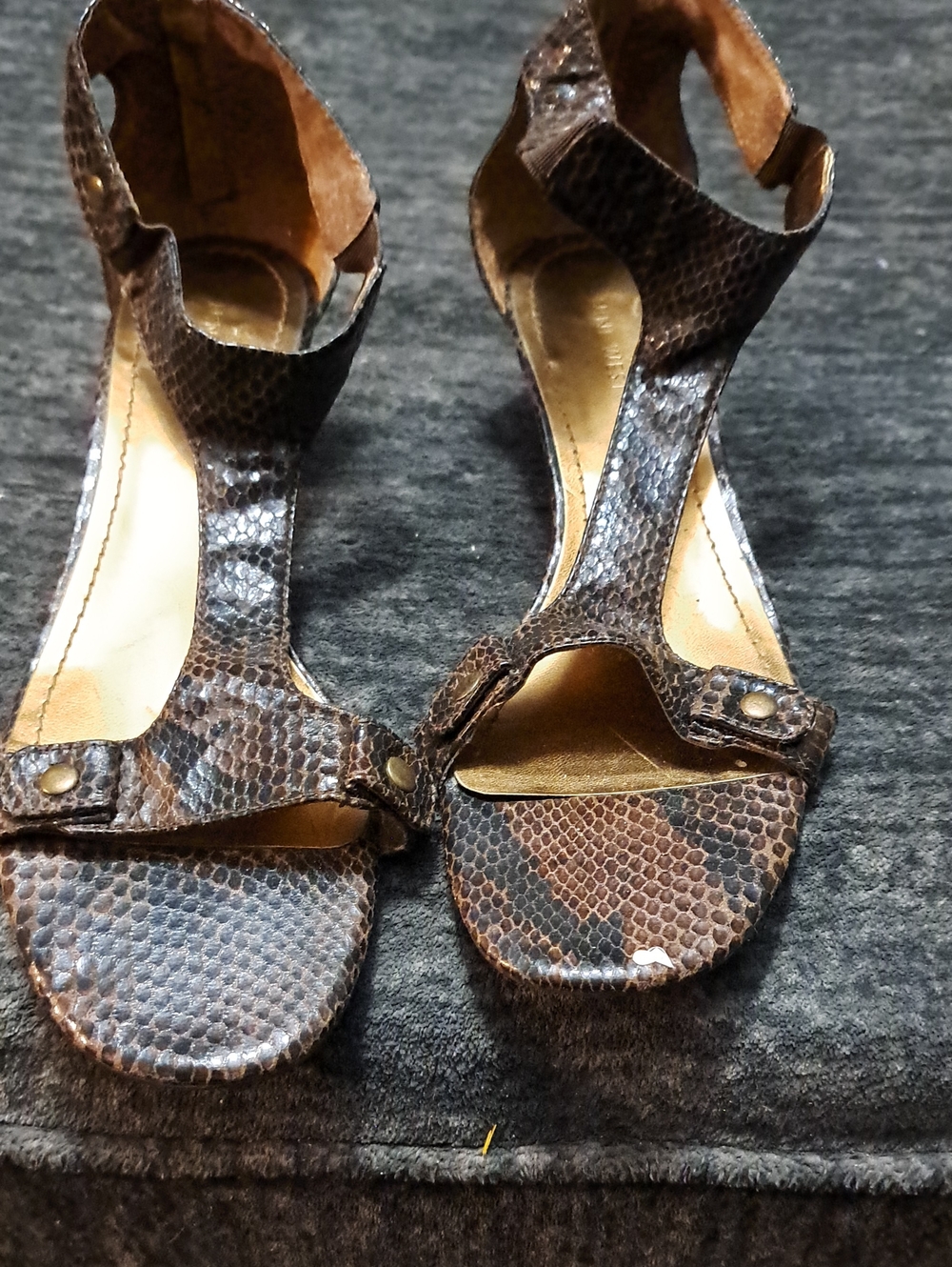 Nine West Brown Snake-Print T-Strap Sandals